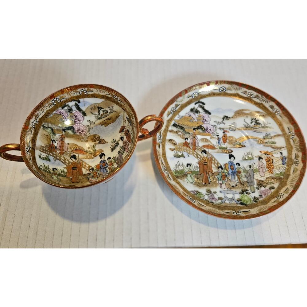 Japanese Kutani Porcelain bouillon cup Saucer Mejii Era Intricate guilding